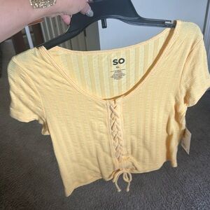SO Yellow Ribbed Crop Blouse with Tie Front